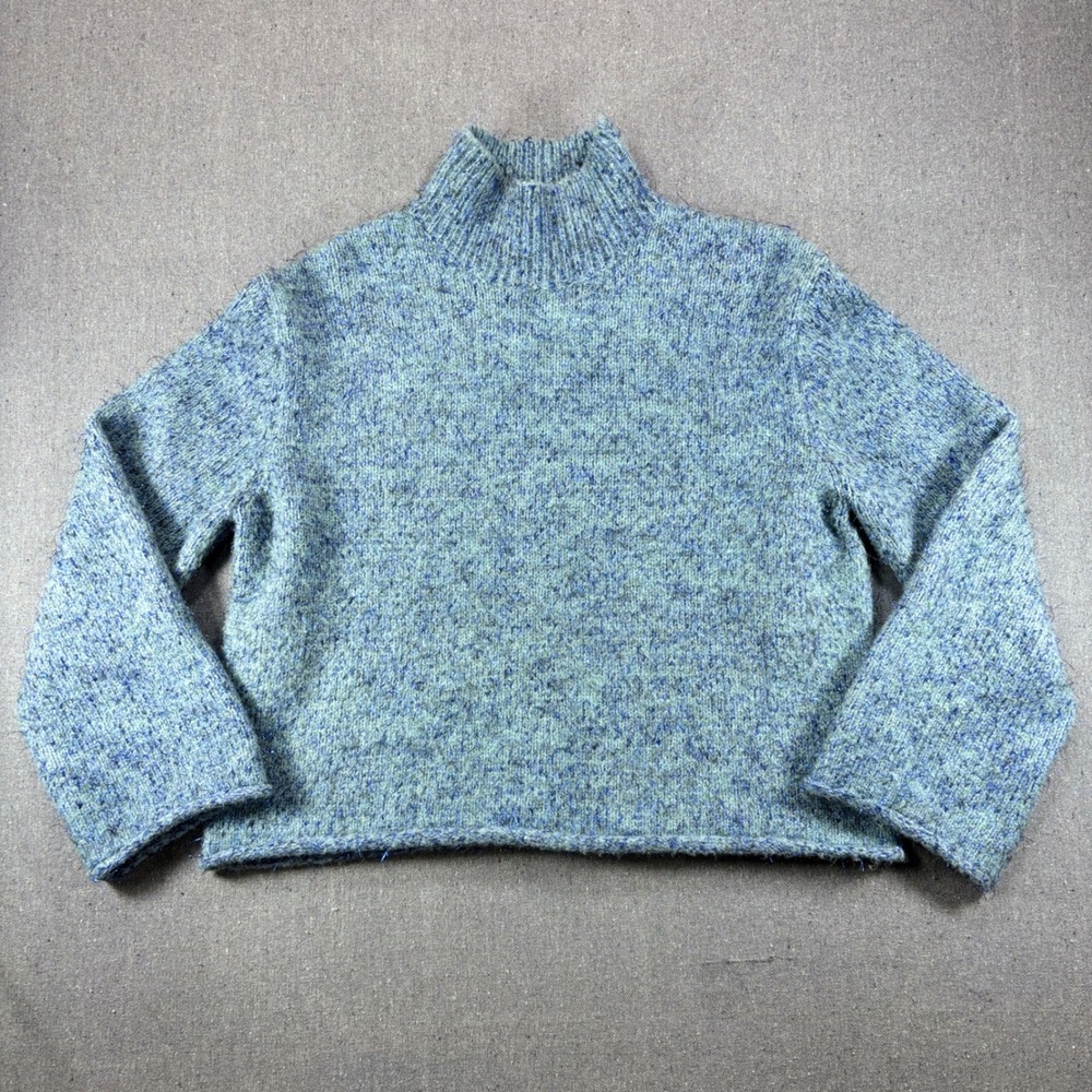 Moth Anthropologie Womens Blue Metallic Knit Mock Neck Crop Sweater Small